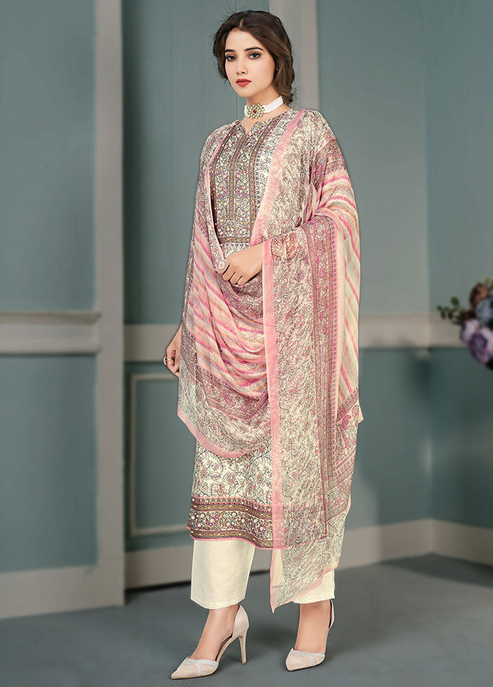 3 Pc Off White Unstitched Silk Suit Set