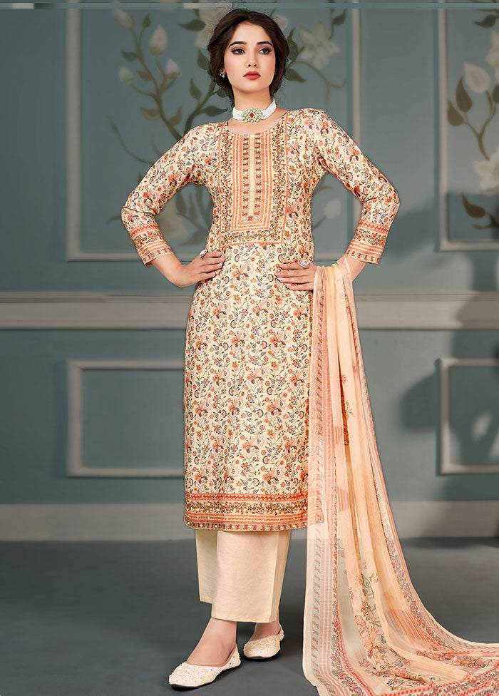 3 Pc Peach Unstitched Silk Suit Set