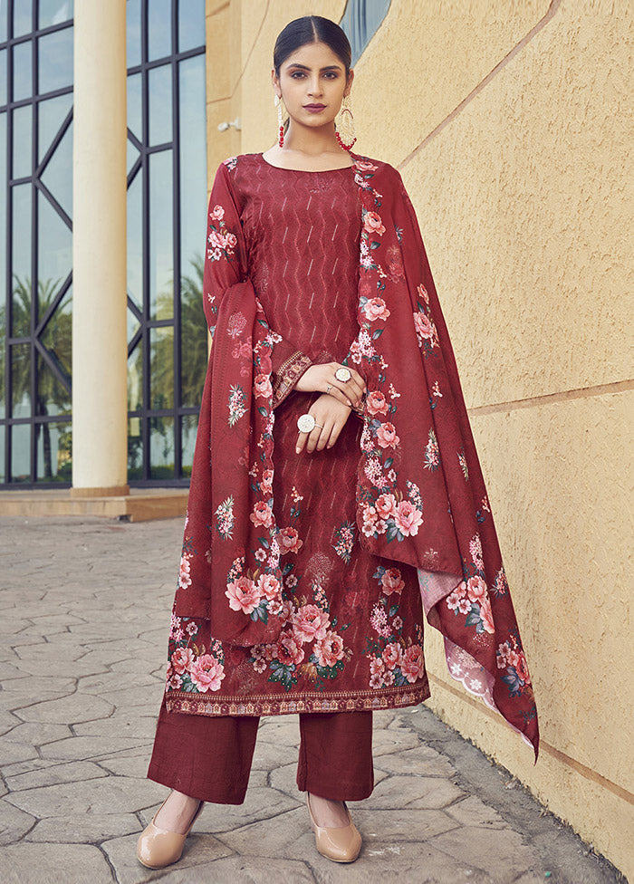 3 Pc Red Unstitched Silk Printed Suit Set VDSL25052035 - Indian Silk House Agencies
