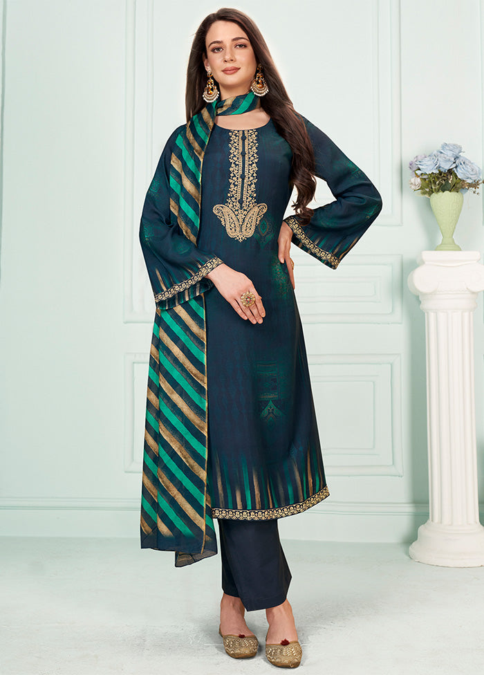 3 Pc Navy Blue Unstitched Silk Suit Set