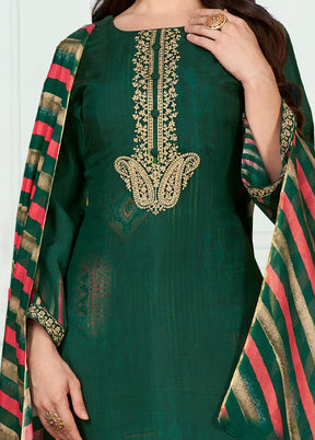 3 Pc Green Unstitched Silk Suit Set