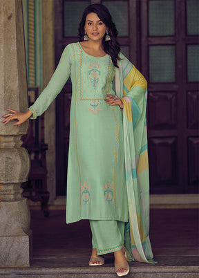 3 Pc Green Unstitched Silk Suit Set