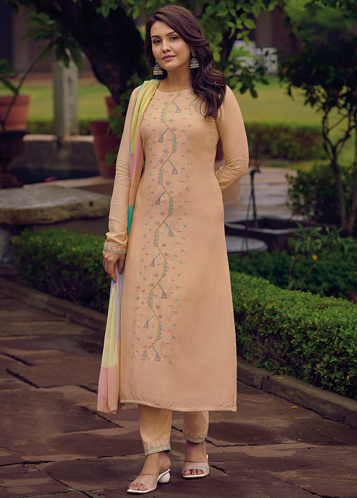 3 Pc Peach Unstitched Silk Suit Set