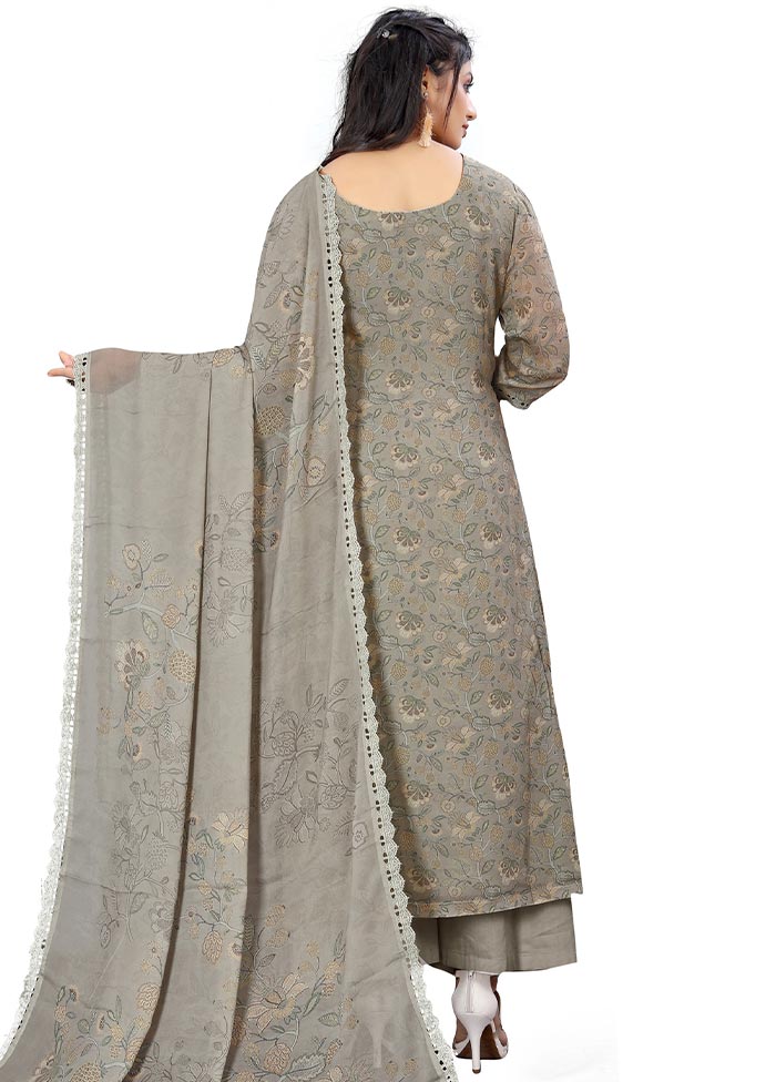 3 Pc Grey Unstitched Georgette Suit Set