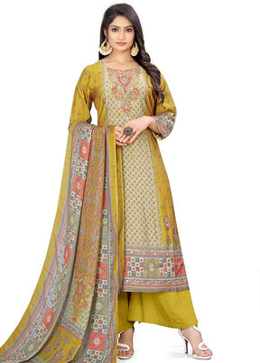 3 Pc Mustard Unstitched Silk Suit Set