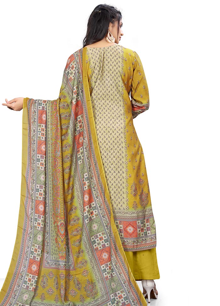 3 Pc Mustard Unstitched Silk Suit Set