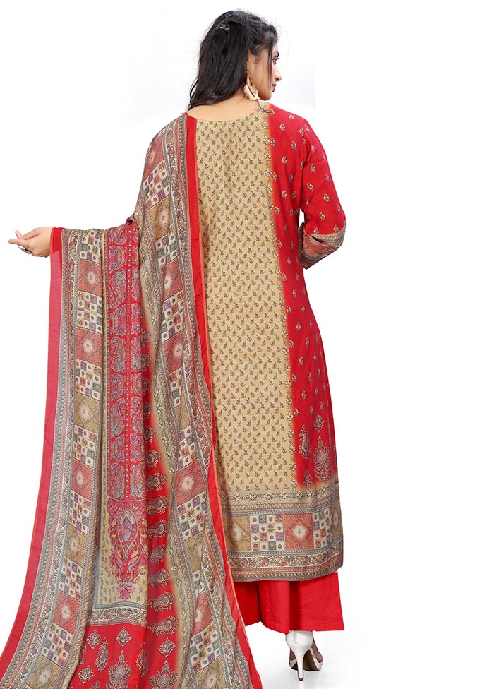 3 Pc Red Unstitched Silk Suit Set