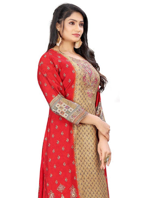 3 Pc Red Unstitched Silk Suit Set