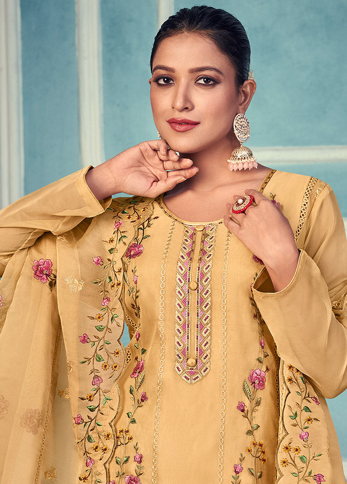 3 Pc Yellow Unstitched Net Suit Set