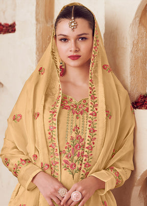 3 Pc Yellow Unstitched Net Suit Set