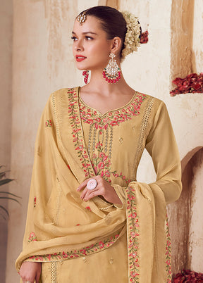 3 Pc Yellow Unstitched Net Suit Set