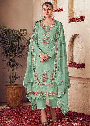 3 Pc Green Unstitched Net Suit Set