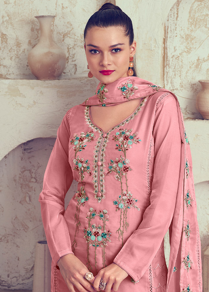 3 Pc Pink Unstitched Net Suit Set