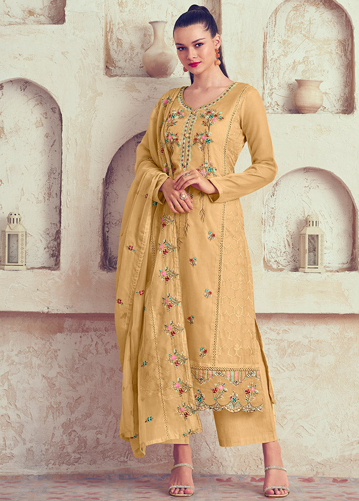 3 Pc Yellow Unstitched Net Suit Set