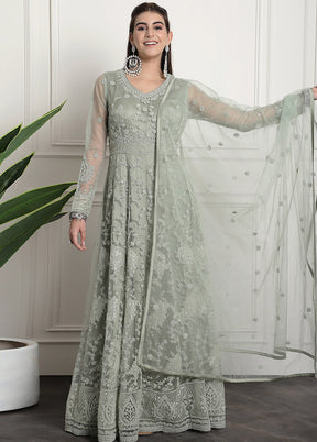 Green Semi Stitched Net Indian Dress