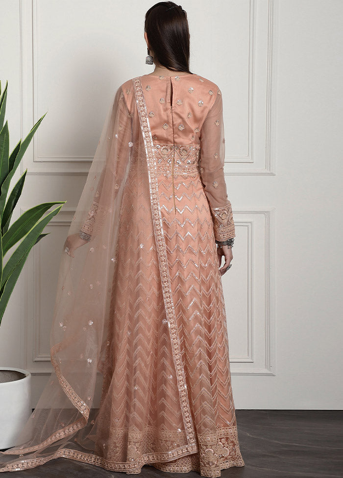 Peach Semi Stitched Net Indian Dress