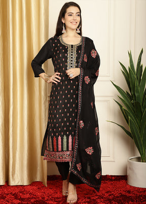 3 Pc Black Unstitched Pure Santoon Suit Set - Indian Silk House Agencies