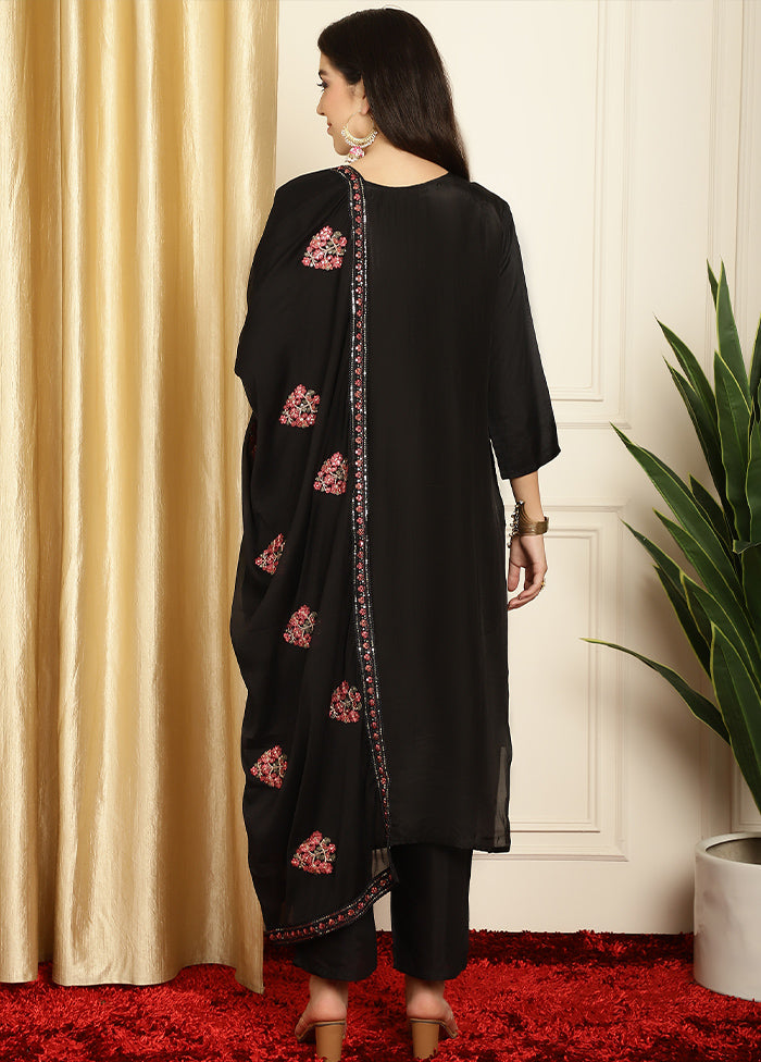 3 Pc Black Unstitched Pure Santoon Suit Set - Indian Silk House Agencies