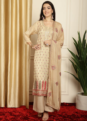 3 Pc Beige Unstitched Pure Silk Suit Set