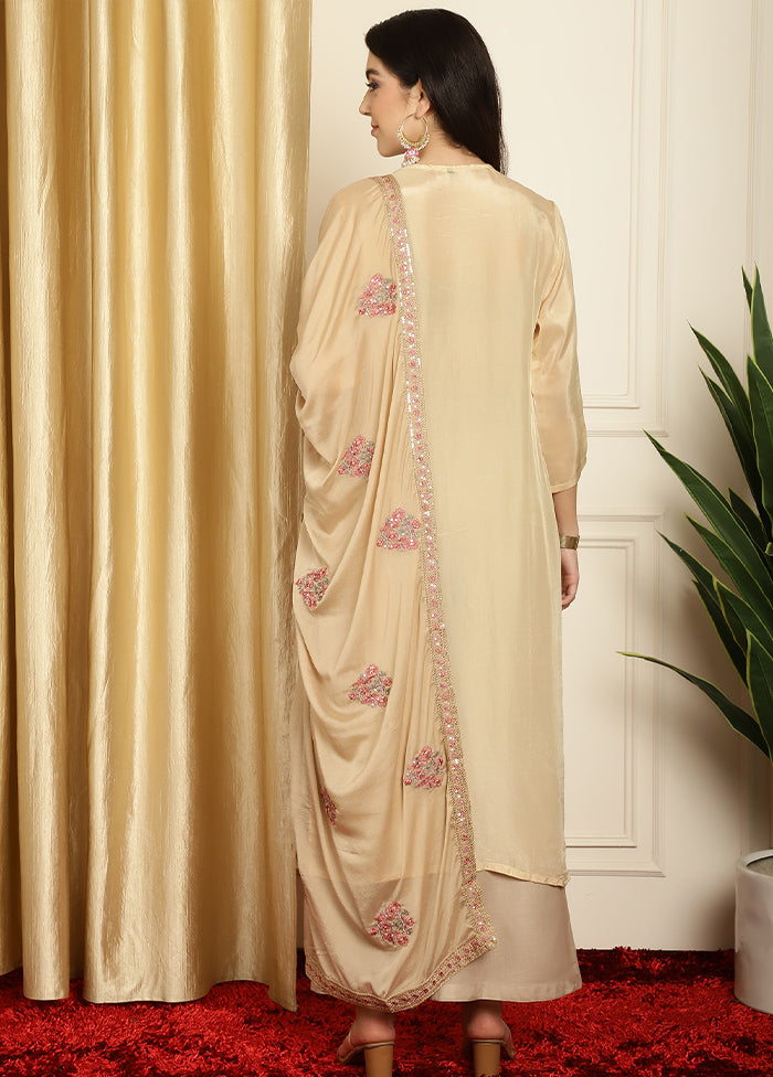 3 Pc Beige Unstitched Pure Silk Suit Set