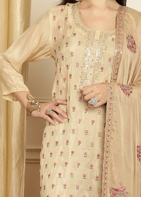 3 Pc Beige Unstitched Pure Silk Suit Set