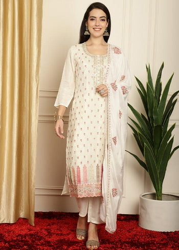 3 Pc Off White Unstitched Pure Silk Suit Set