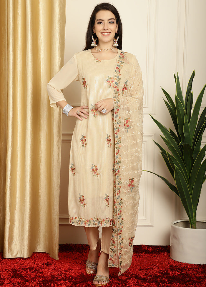 3 Pc Beige Unstitched Georgette Suit Set