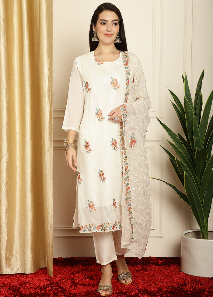 3 Pc White Unstitched Pure Santoon Suit Set - Indian Silk House Agencies