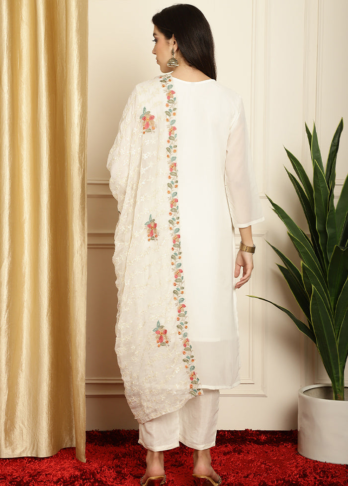 3 Pc White Unstitched Pure Santoon Suit Set - Indian Silk House Agencies