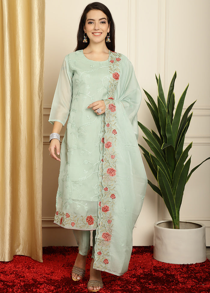 3 Pc Green Unstitched Net Suit Set