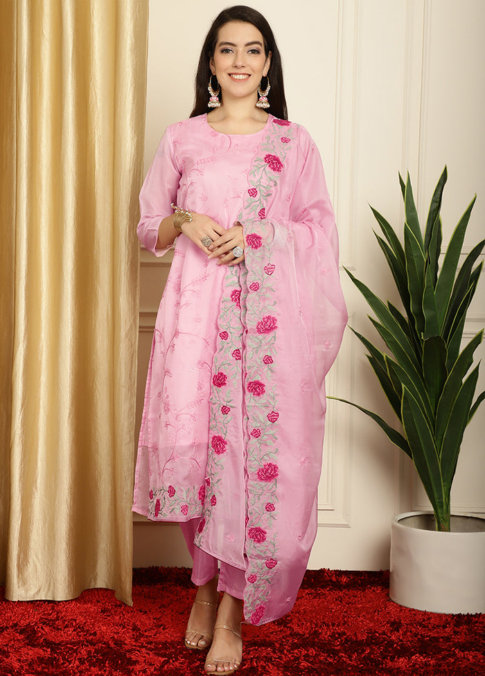 3 Pc Pink Unstitched Pure Santoon Suit Set - Indian Silk House Agencies