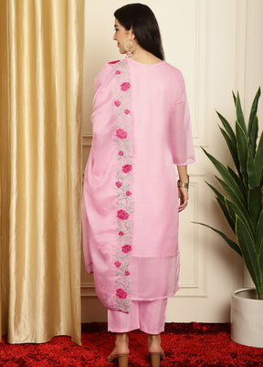 3 Pc Pink Unstitched Net Suit Set