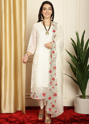 3 Pc White Unstitched Pure Santoon Suit Set - Indian Silk House Agencies