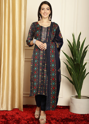 3 Pc Navy Blue Unstitched Pashmina Suit Set