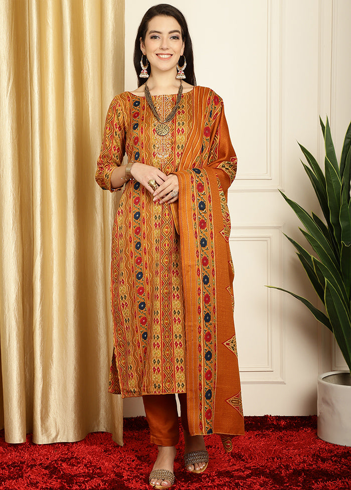 3 Pc Yellow Unstitched Pashmina Suit Set