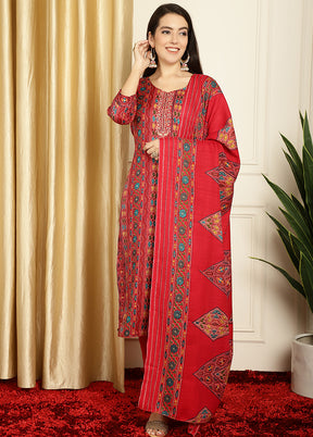 3 Pc Red Unstitched Pashmina Suit Set - Indian Silk House Agencies