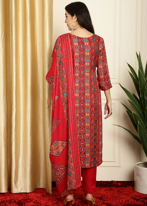 3 Pc Red Unstitched Pashmina Suit Set