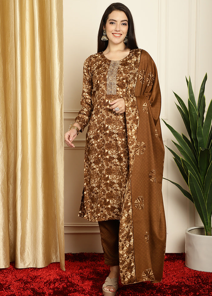 3 Pc Brown Unstitched Pashmina Suit Set