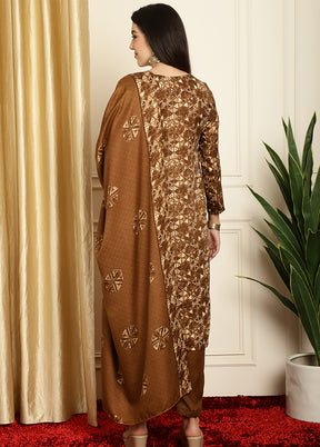 3 Pc Brown Unstitched Pashmina Suit Set - Indian Silk House Agencies