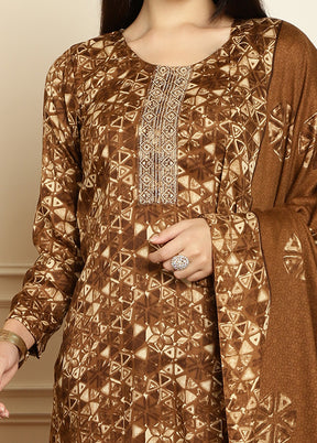 3 Pc Brown Unstitched Pashmina Suit Set