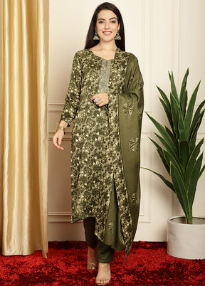 3 Pc Green Unstitched Pashmina Suit Set