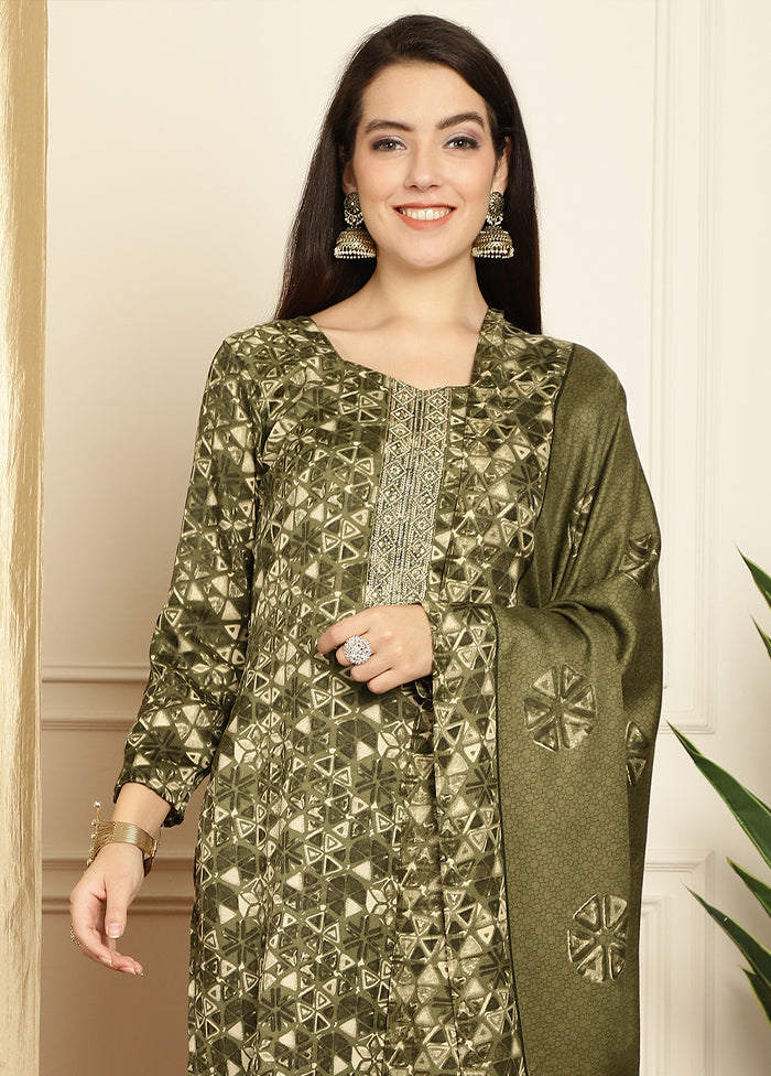 3 Pc Green Unstitched Pashmina Suit Set