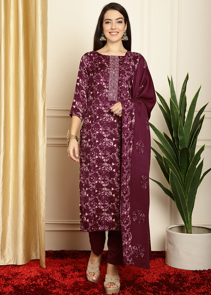 3 Pc Maroon Unstitched Pashmina Suit Set - Indian Silk House Agencies