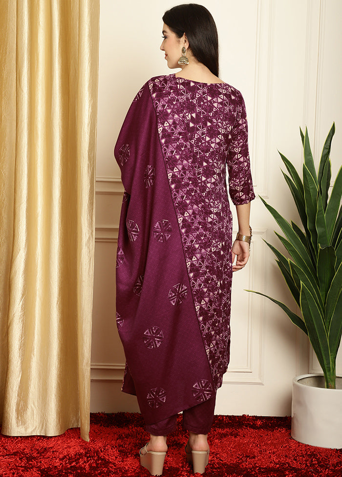 3 Pc Maroon Unstitched Pashmina Suit Set - Indian Silk House Agencies