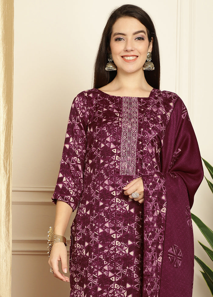 3 Pc Wine Unstitched Pashmina Suit Set