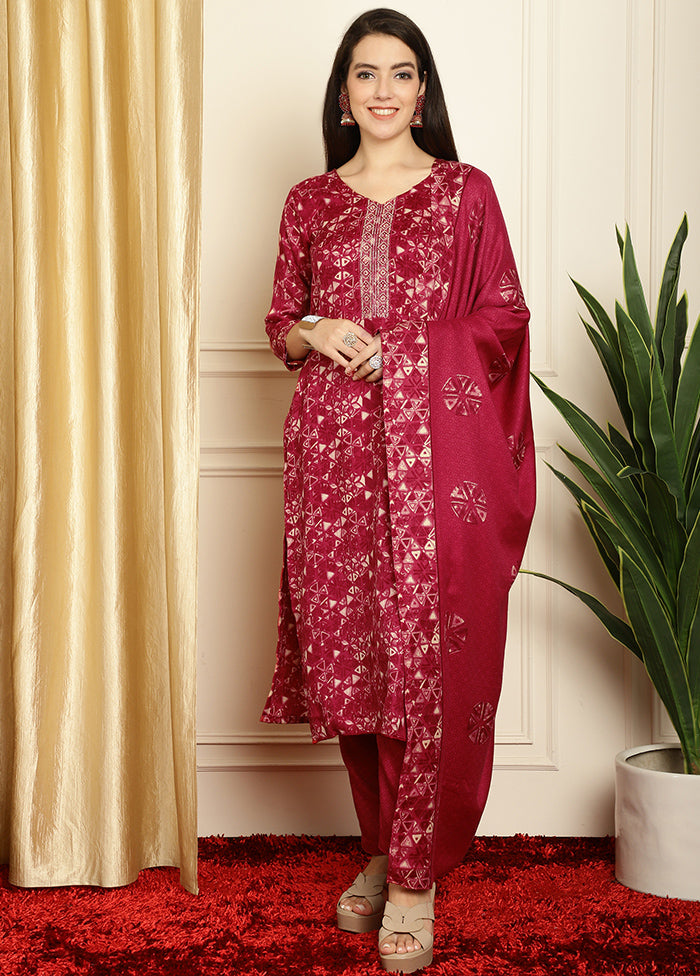 3 Pc Red Unstitched Pashmina Suit Set - Indian Silk House Agencies