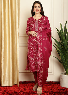 3 Pc Red Unstitched Pashmina Suit Set