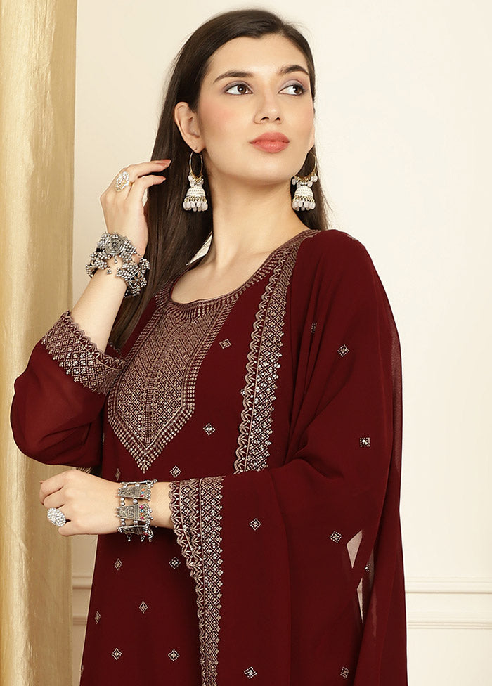 3 Pc Maroon Unstitched Georgette Suit Set