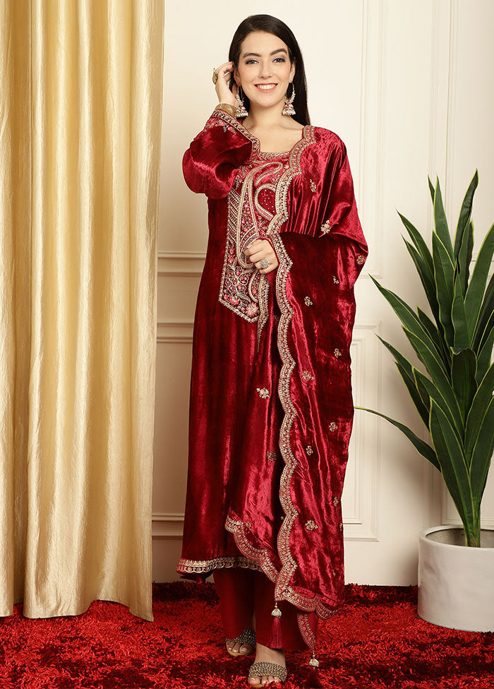 3 Pc Maroon Unstitched Velvet Suit Set