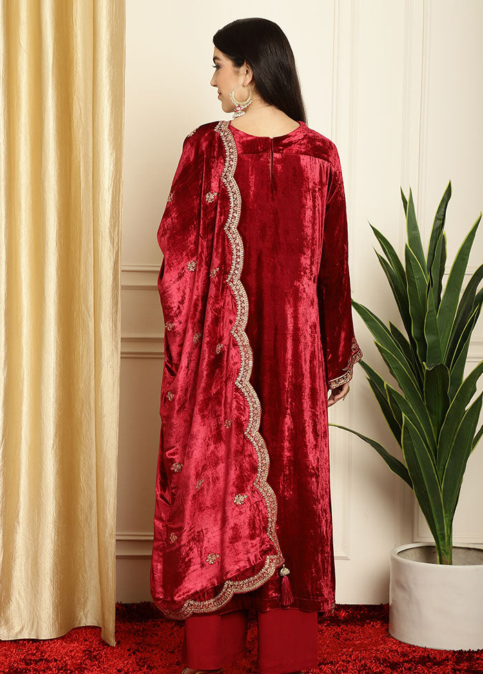 3 Pc Maroon Unstitched Velvet Suit Set